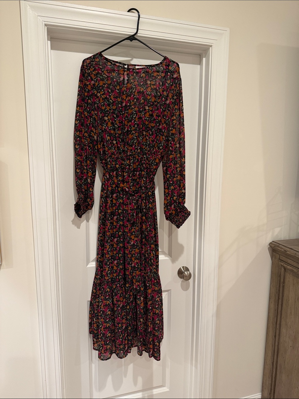Ava & Viv Black Floral Long-Sleeve Midi Dress with Pink and Orange Accents